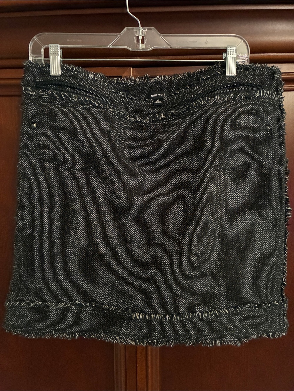 Nine West Charcoal Tweed Fringe Trim Mini Skirt